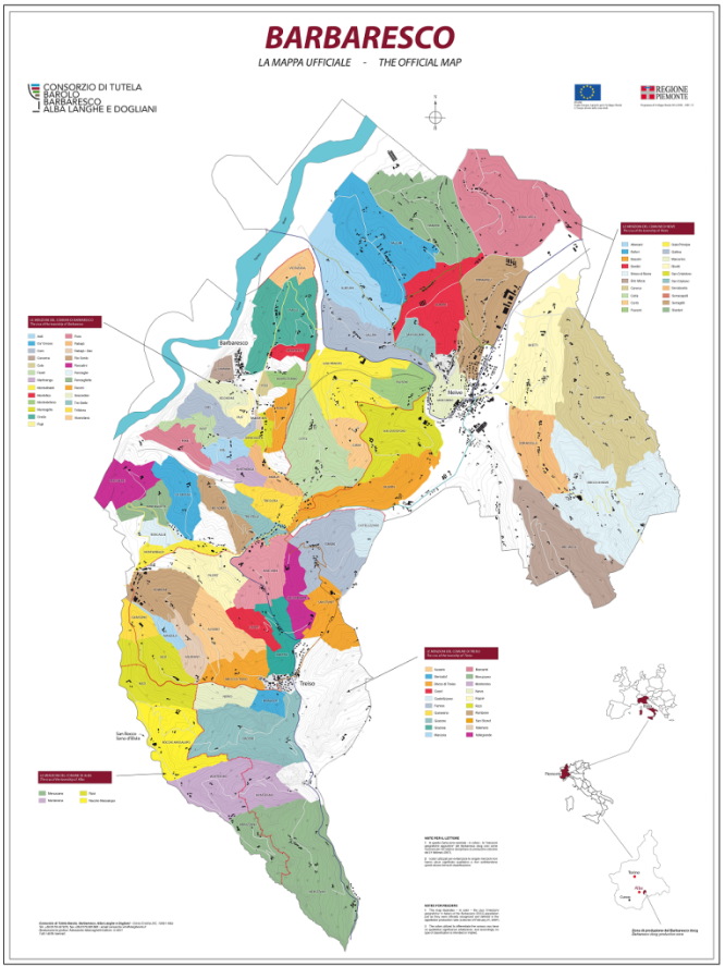 Mappa ufficiale del territorio di Barbaresco a cura del Consorzio di Tutela Barolo, Barbaresco, Alba Langhe e Dogliani. Barolo vs Barbaresco