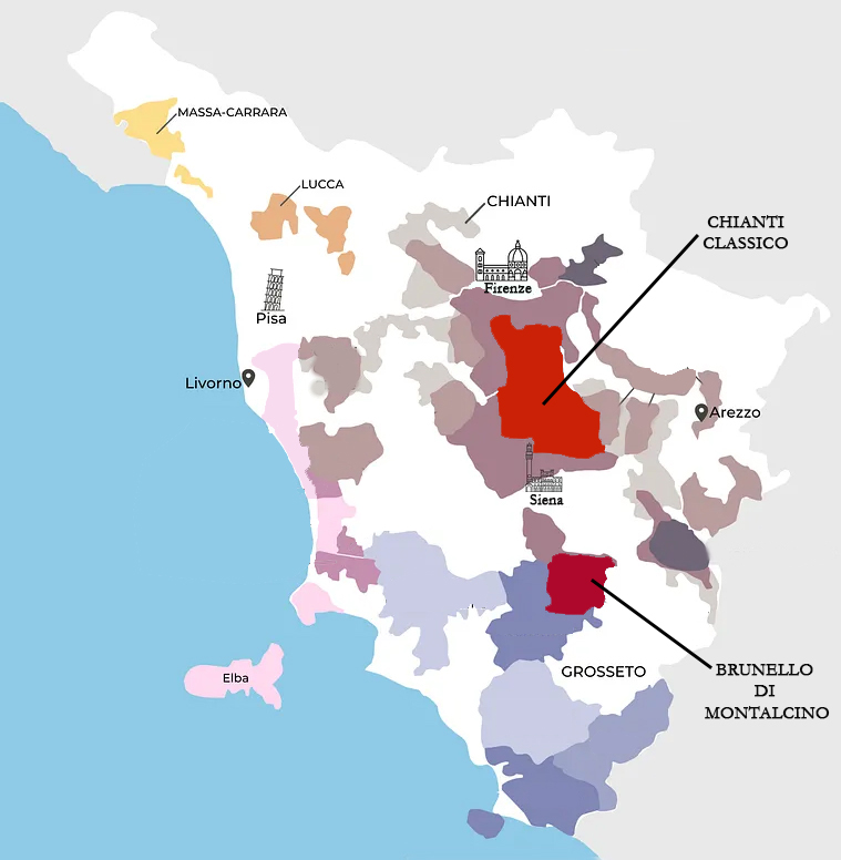 Mappa Toscana Chianti Classico e Brunello di Montalcino
