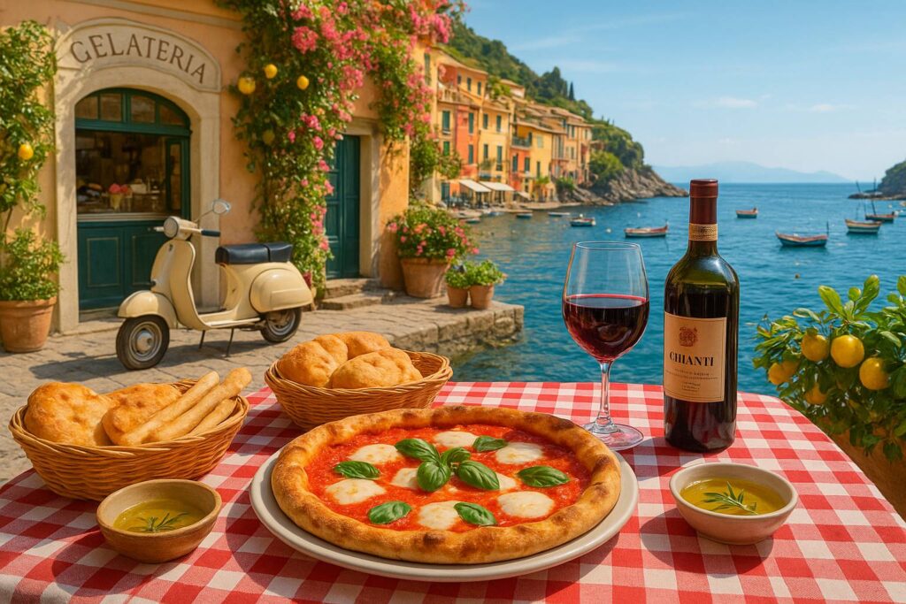Vino e Pizza nella tradizione italiana. Immagine che rappresenta alcune icone italiane come la vespa, l'olio, la pizza, il chianti, il mare ed una gelateria