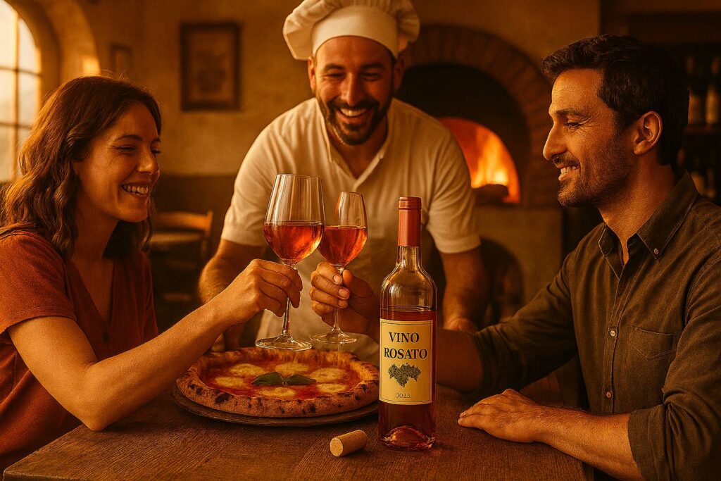 Vino e pizza: guida completa agli abbinamenti perfetti. Un immagine di un brindisi tra amici con un buon vino da accompagnare ad un ottima pizza