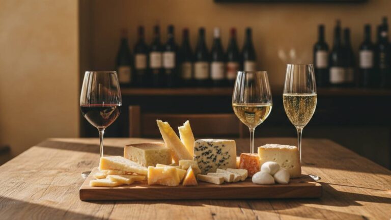 Tagliere con formaggi italiani misti e tre calici di vino rosso, bianco e spumante su tavolo in legno.