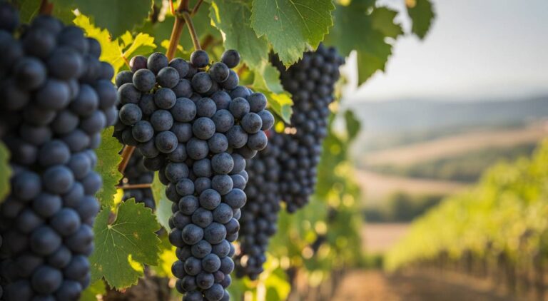 Aglianico il grande rosso del sud: i grappoli maturi di uva Aglianico sulla pianta in un vigneto del Sud Italia.