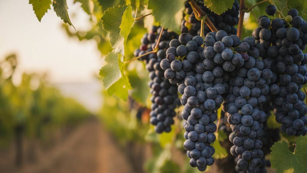 Grappoli maturi di uva Nero d’Avola sulla pianta in un vigneto siciliano.