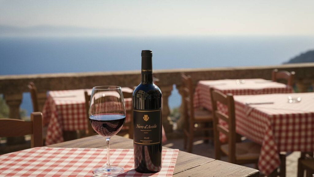 Calice di Nero d’Avola dal colore rubino intenso con riflessi violacei su tavolo in legno in una tipica trattoria siciliana con vista mare
