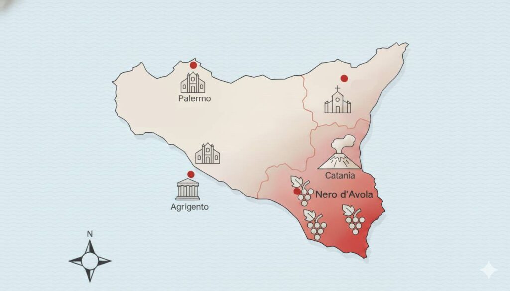 Mappa stilizzata della Sicilia con evidenziata l’area principale di produzione del Nero d’Avola.