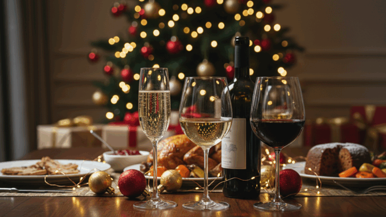 Tavola natalizia con calici di spumante Brut, vino bianco e vino rosso: vini per le feste dall’aperitivo al dolce.