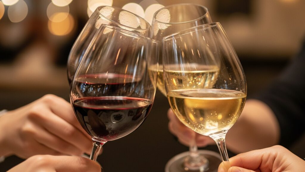 Brindisi ravvicinato con 4 calici di vino che si toccano al centro dell’inquadratura, illuminati da luce calda in ambiente ristorante con sfondo sfocato.