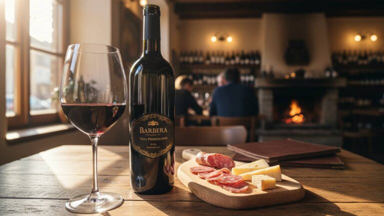 Calice di Barbera rosso rubino su tavolo rustico con salumi e formaggi: guida “La Barbera” su gusto e abbinamenti.