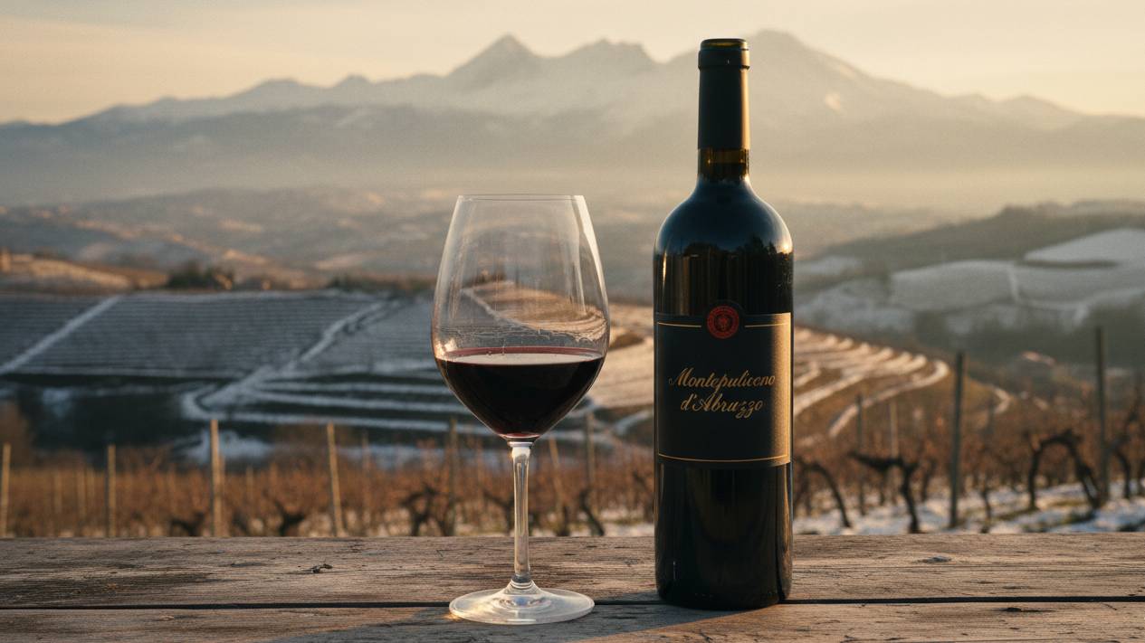 In foto un calice di vino Montepulciano d'Abruzzo e sullo sfondo il monte Gran Sasso con sotto vigneti collinari.