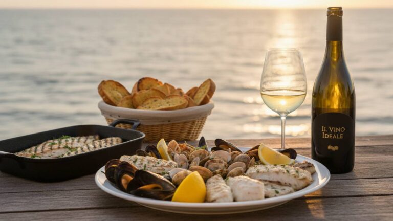 Calice di vino bianco con piatto di frutti di mare accanto ad una pirofila con una grigliata di pesce ed un cestino di pane con dei crostini. Il tutto vista mare: vino ideale per il pesce dall’aperitivo alla cena.