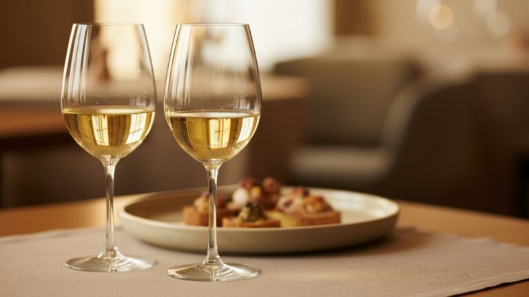 Abbinamento cibo vino: calici e piatto su tavola apparecchiata