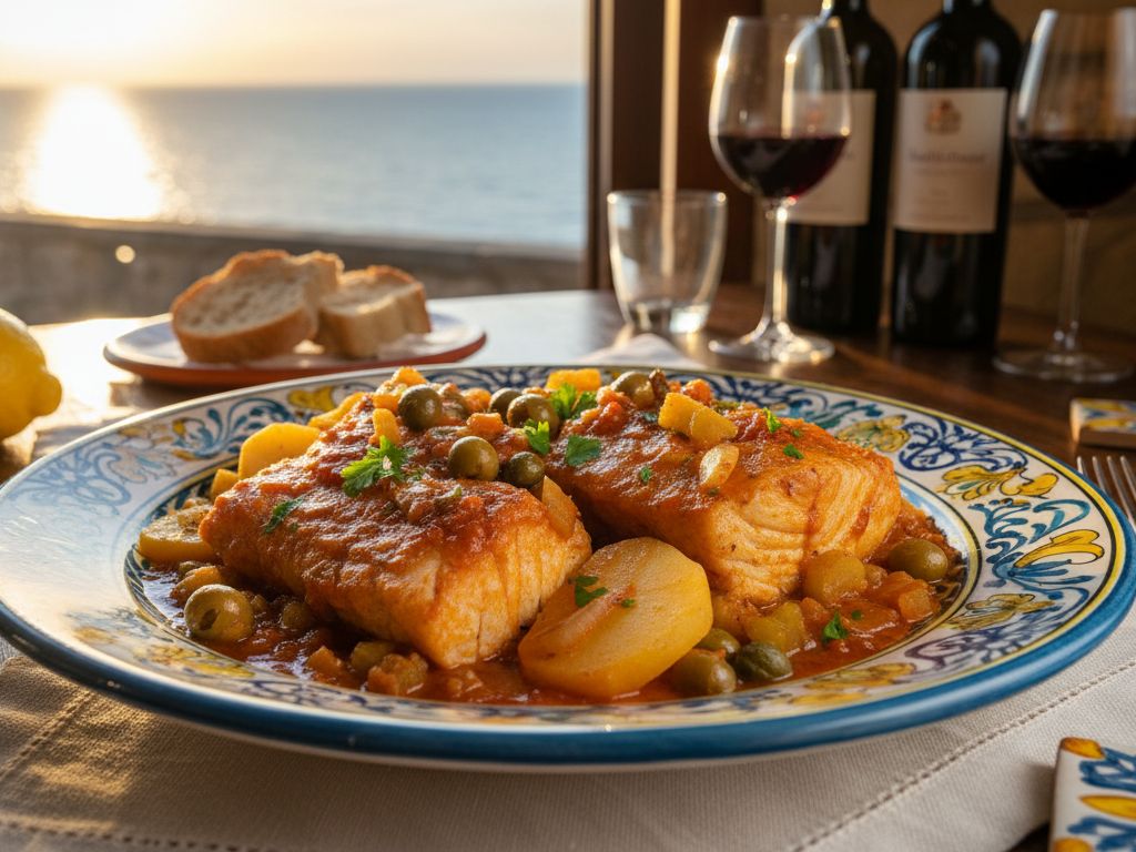 Piatto di tonno in agrodolce con salsa di pomodoro, olive, capperi e patate su ceramica decorata, con vino e pane su un tavolo affacciato sul mare al tramonto