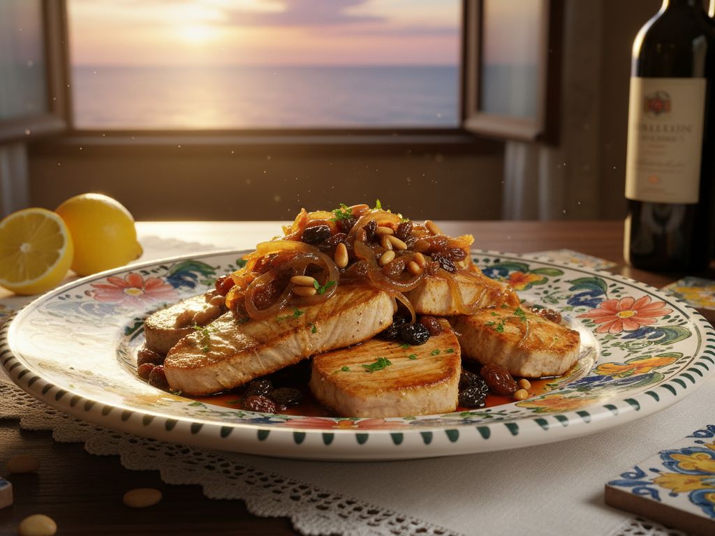 Piatto di tonno e cipolla alla messinese con uvetta e pinoli su ceramica decorata, con vino e limoni su un tavolo affacciato sul mare al tramonto