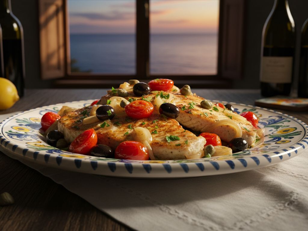 Piatto di pesce spada alla ghiotta con pomodorini, olive e capperi su ceramica decorata, con vino e limone su un tavolo affacciato sul mare al tramonto