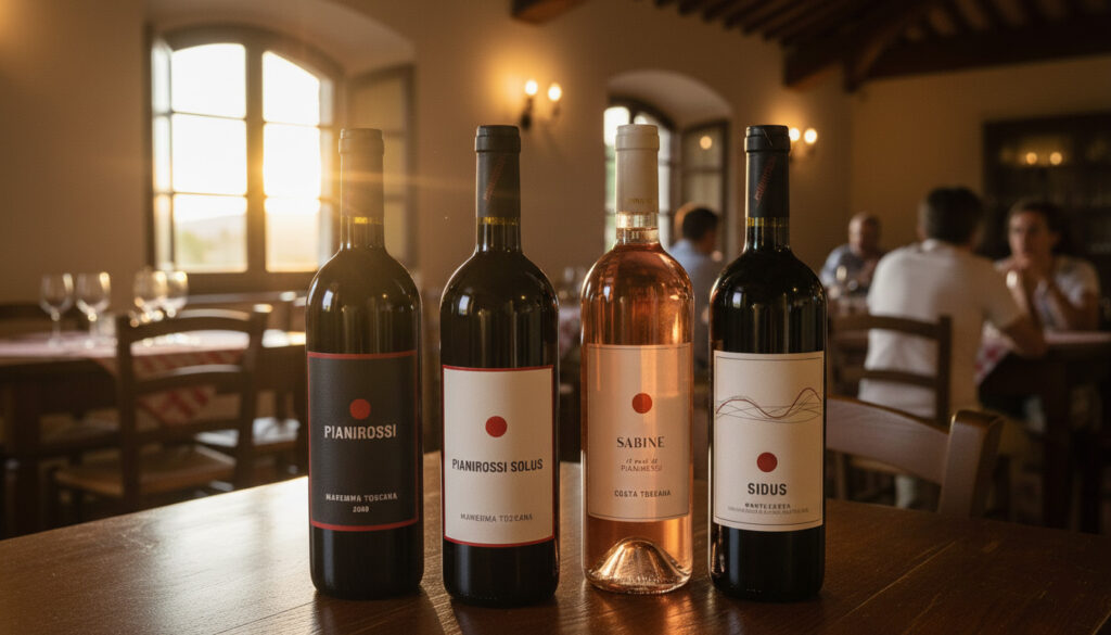 Quattro bottiglie di vino della Tenuta Pianrossi disposte su un tavolo di legno in un ristorante illuminato dal sole, con persone sedute sullo sfondo. Le etichette mostrano Maremma Toscana 2020, Solus Maremma Toscana, Sabine rosé Costa Toscana e Sidus Sant’Antea