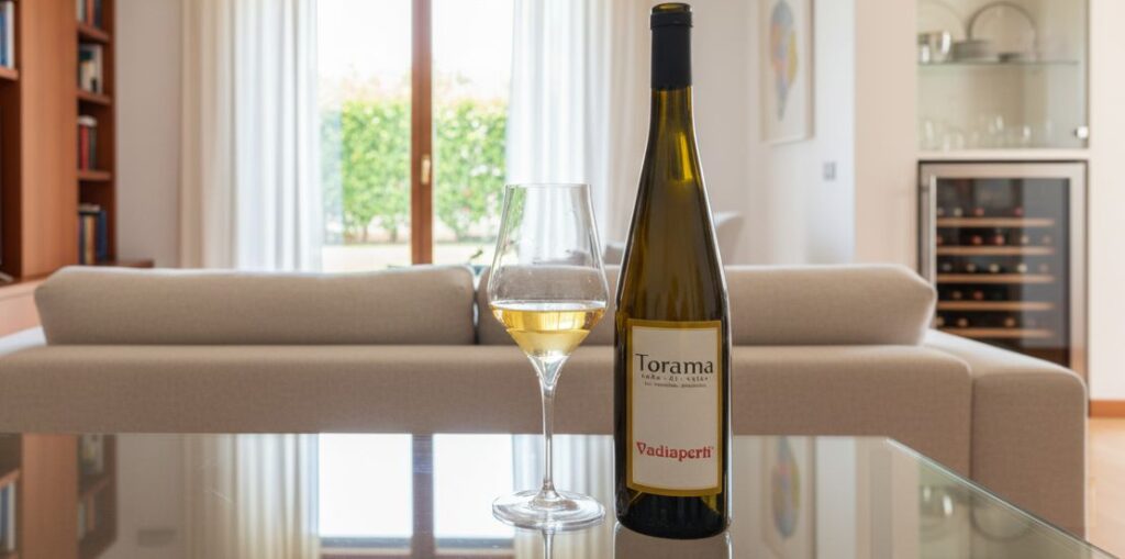 Una bottiglia di vino bianco Torama Vadiaperti 2022 e un calice pieno su un tavolo di vetro in un soggiorno moderno e luminoso con divano chiaro e libreria in legno sullo sfondo.
