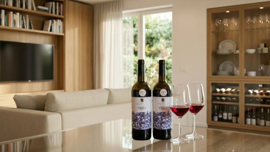 Tavolo in vetro in un soggiorno moderno con due bottiglie di Faro DOC Rasocolmo e due calici di vino rosso; sullo sfondo un divano beige, una libreria, una credenza vetrata e una grande finestra che illumina la stanza con luce naturale.
