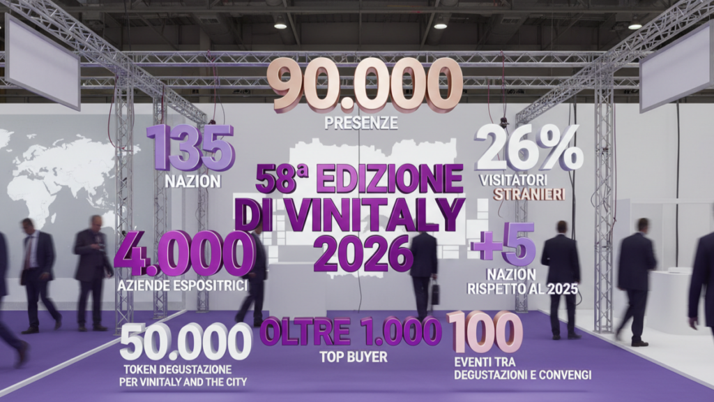 Grande scritta tridimensionale ‘58ª edizione di Vinitaly 2026’ al centro, circondata da numeri realistici con i dati ufficiali dell’evento; sfondo di stand e persone sfocati per suggerire un contesto mancante, nei toni viola Vinitaly