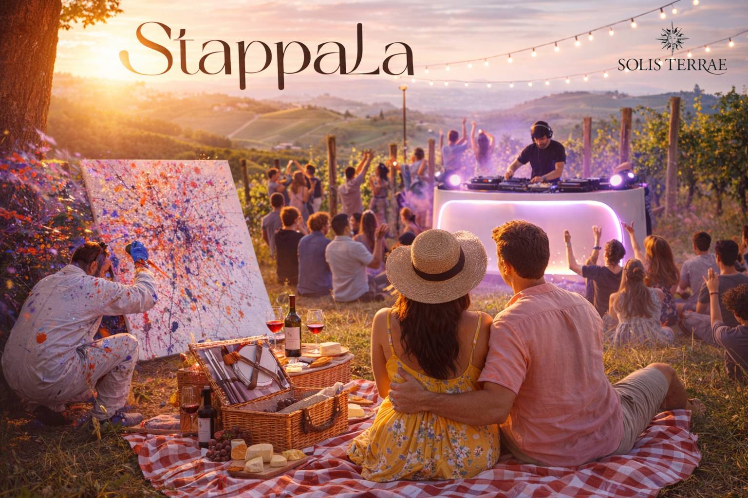 Picnic al tramonto in un vigneto con una coppia seduta su una coperta a quadri, circondata da vino, formaggi, pane e uva. A sinistra un artista realizza un dipinto astratto su una grande tela. Sullo sfondo, tra filari e colline illuminate dalla golden hour, un gruppo di persone balla vicino a una console DJ con luci viola e fili di lampadine sospese. In alto compaiono i loghi dell'organizzatore "StappaLa" edella Cantina Ospitante "Solis Terrae"