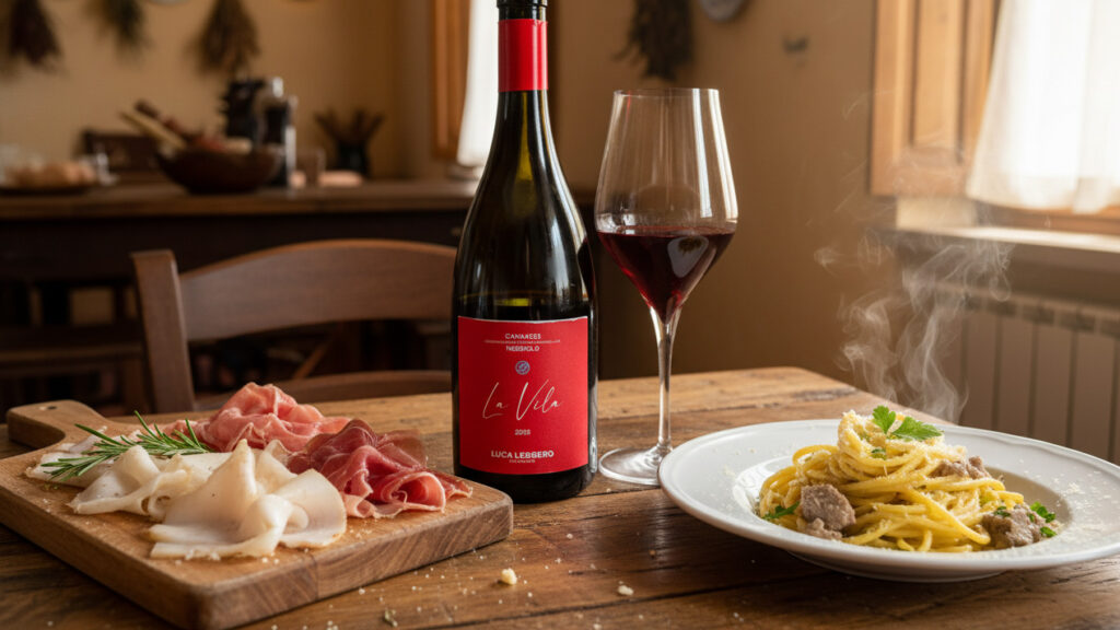 Canavese Nebbiolo La Vila 2023 Luca Leggero in abbinamento ad un tagliere di salumi e a dei tajarin al ragù di vitello