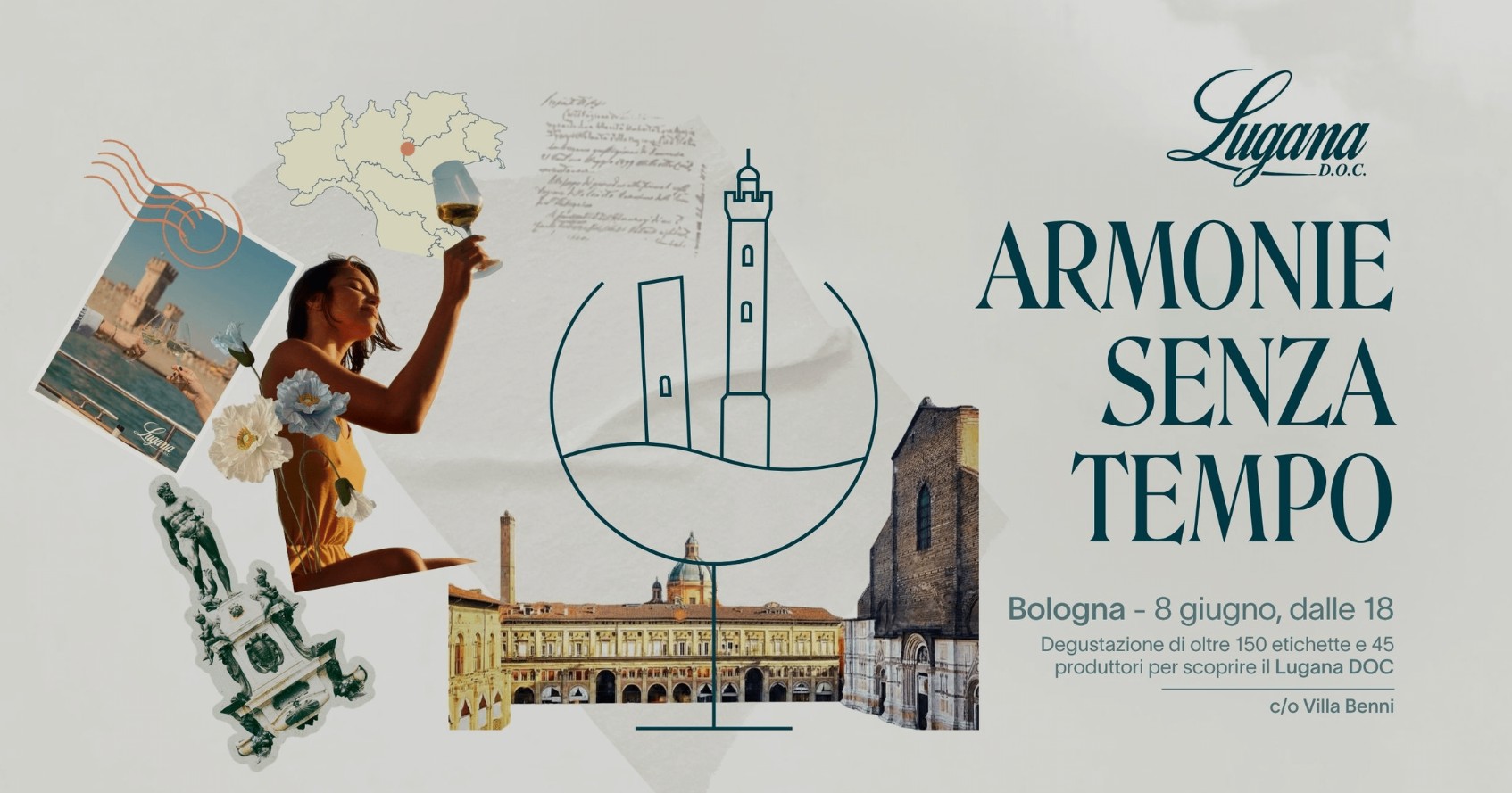 La locandina dell'evento Lugana Armonie Senza Tempo Bologna 2026 – walk around tasting nel parco di Villa Benni