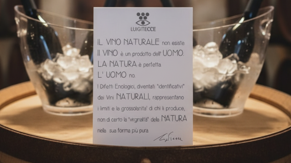 Difetti del vino naturale: il "manifesto" di Luigi Tecce appoggiato su una botte di legno, davanti a due glacette trasparenti pieni di ghiaccio e bottiglie; il testo stampato esprime una riflessione critica sul concetto di “vino naturale" criticando apertamente coloro che fanno dei difetti del vino naturale una peculiarità