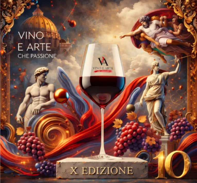 Un'illustrazione digitale ricca di dettagli celebra la decima edizione dell'evento "Vino e Arte che passione". Al centro si trova un calice di vino rosso posizionato su un blocco di marmo con la scritta "X EDIZIONE", affiancato a destra da un grande numero 10 dorato. Sullo sfondo si mescolano elementi dell'arte classica italiana: a sinistra la cupola di San Pietro a Roma e la statua del David di Michelangelo, a destra una statua greca classica e, in alto nel cielo nuvoloso, la raffigurazione di Dio dalla "Creazione di Adamo". La composizione è incorniciata da grappoli d'uva rossa, foglie di vite e vortici di colore rosso, blu e oro.